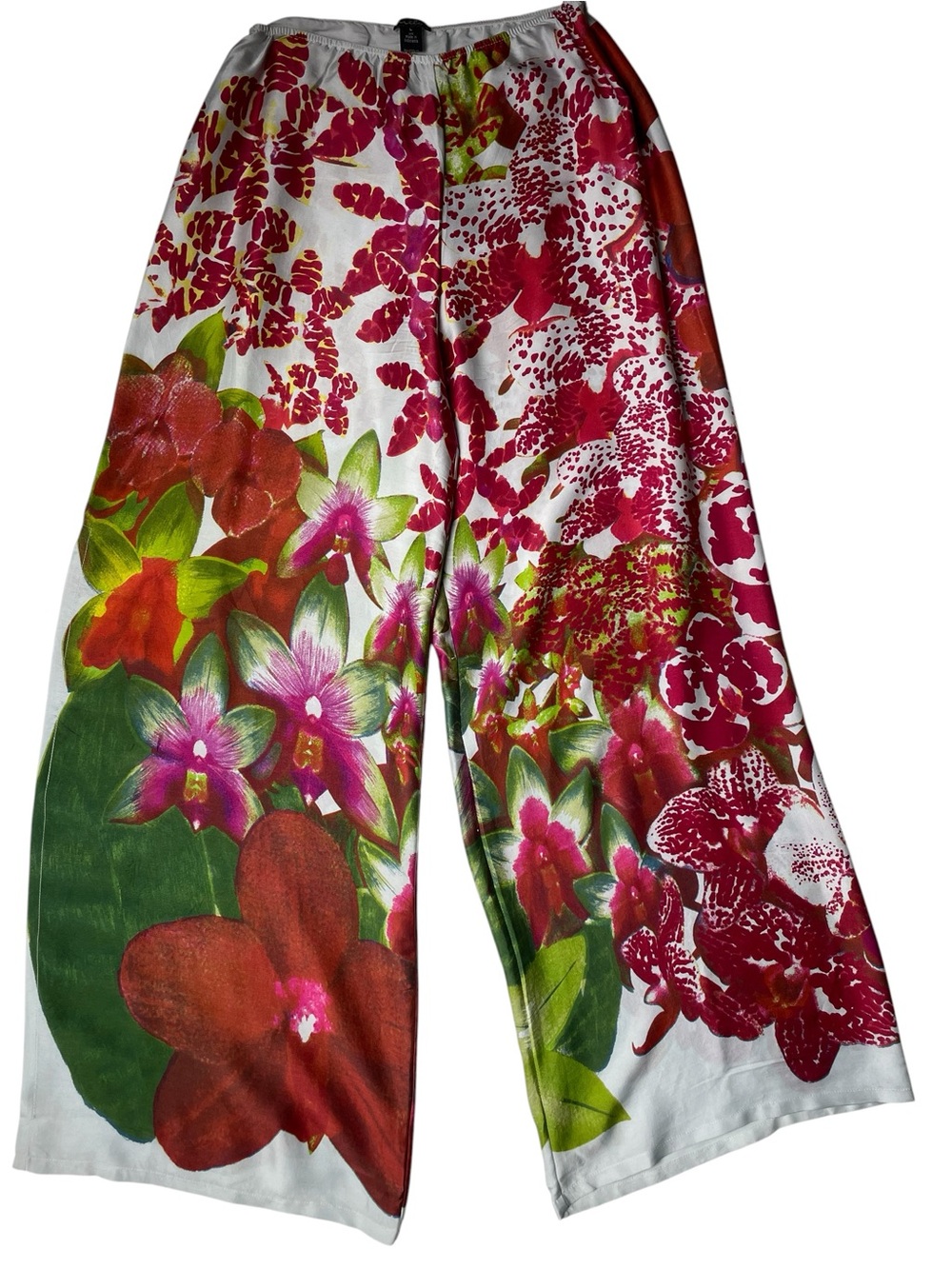 Milo's 100% Silk Wide Leg Floral Orchid Pants L Elastic Waist Boho Beach Summer